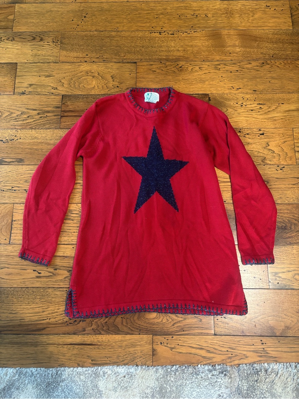 Vintage Quacker Factory Red Sweater with Navy Trim and Star Design Size Small